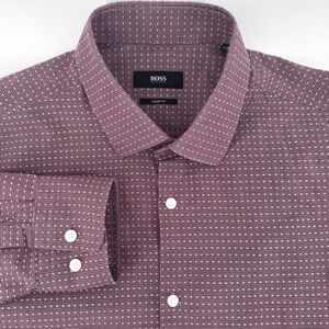 Hugo Boss Sharp Fit Dress Shirt Mens 16L Burgundy Micro Grid Pattern Long Sleeve